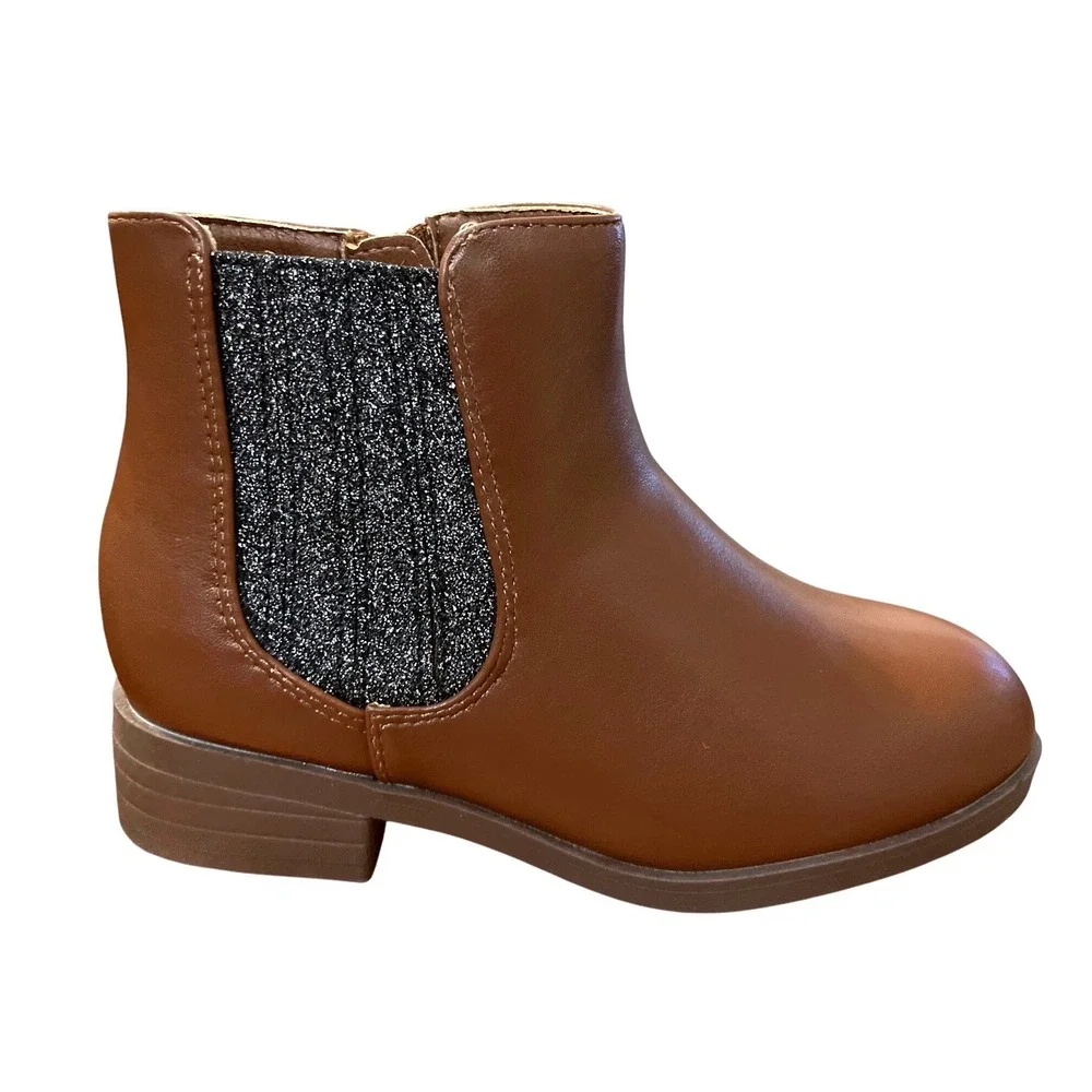 Kids Brown Faux Leather Zip Ankle Boots‎ Glitter Side Size 13 NWOT
